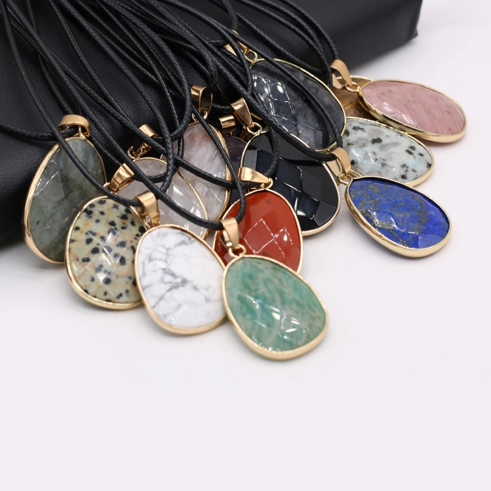 

Natural Stone Pendant Necklace Faceted Irregural Picture Stone Damation Jasper Pendant Necklace for Women Jewerly Gift 23x34mm