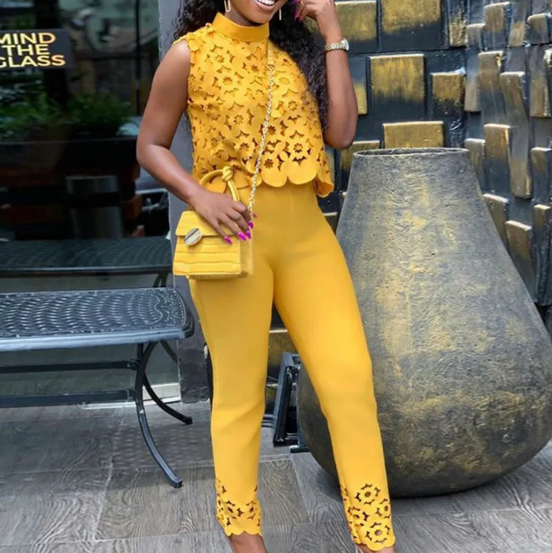 Высокая шея Кружева выдалбливают топы и брюки набор женщин 2 шт наряды | Женская