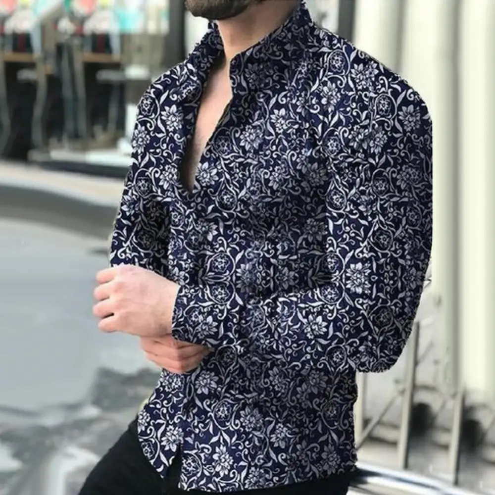 

Hot 2021 Men's T-Shirt Spring Autumn Business Men Fashion Floral Print Slim Fit Long Sleeve Shirt Top