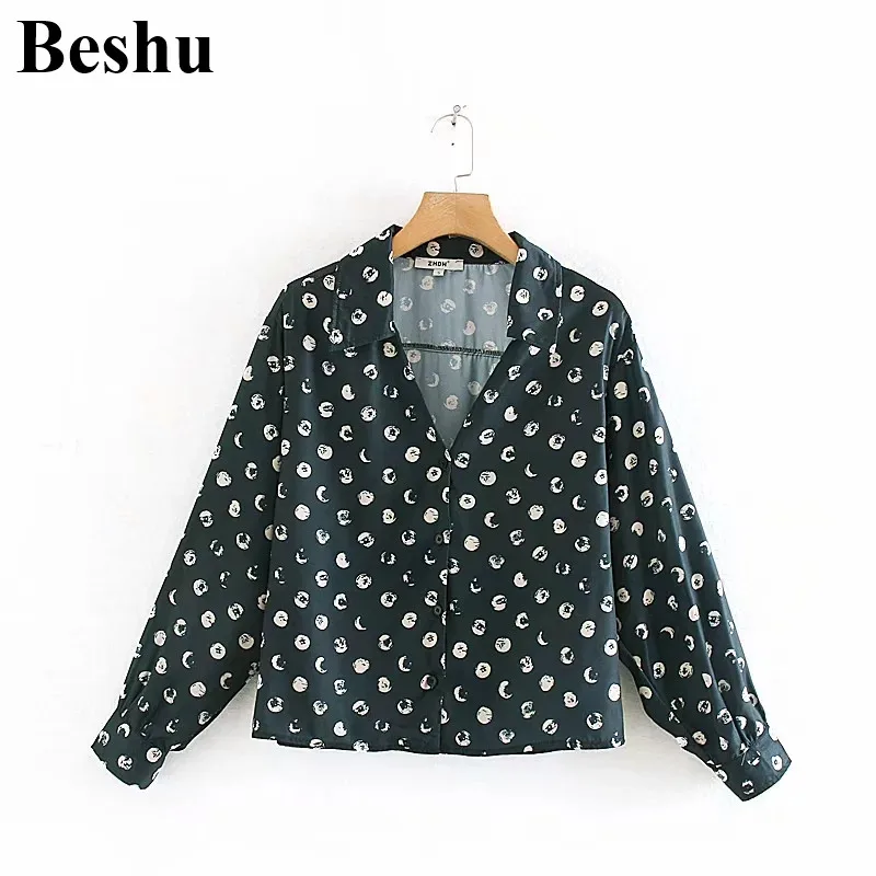 Модная рубашка za с зеленым принтом шифоновая женская блузка отложным воротником