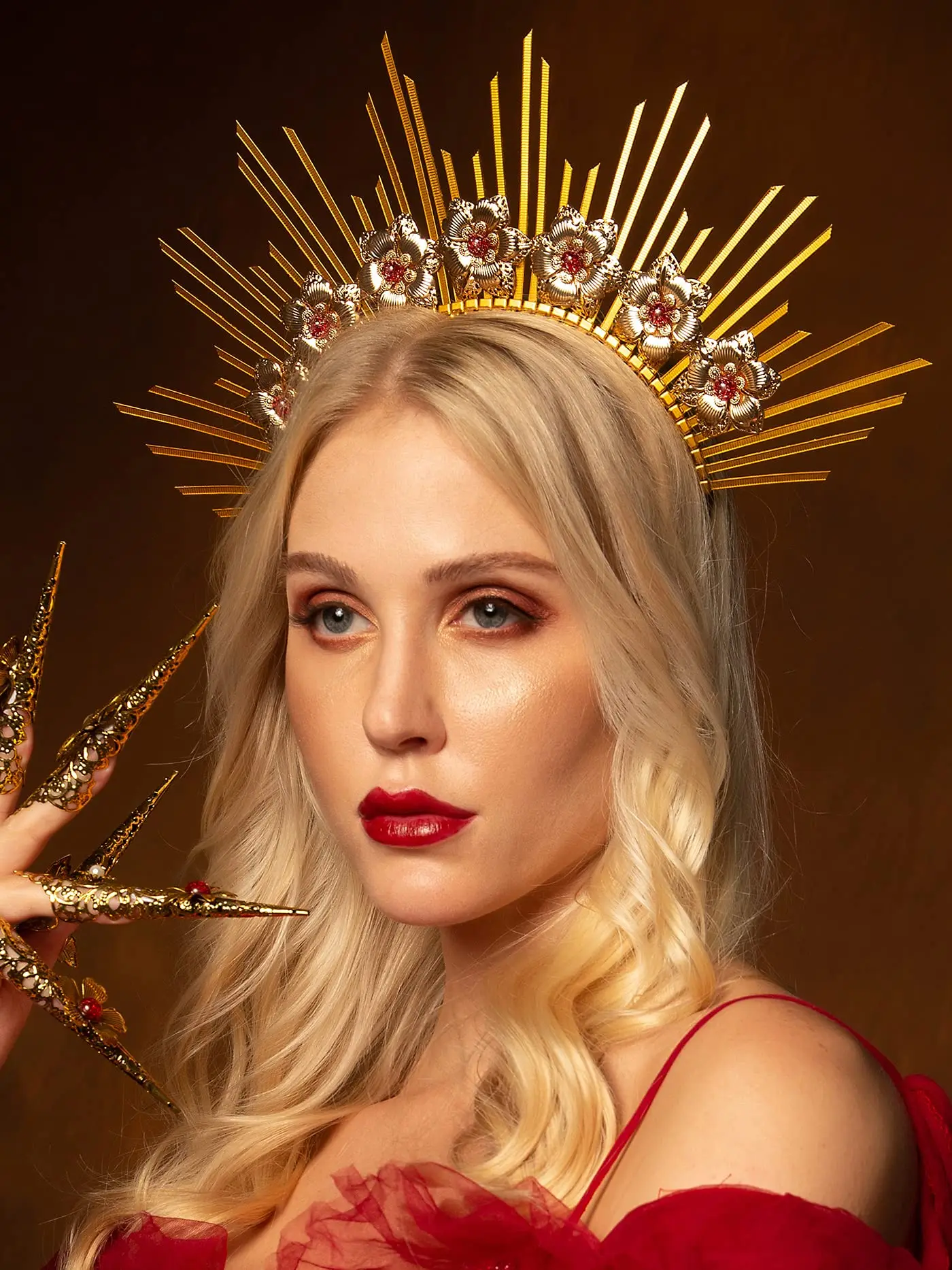 Золотая гало Корона Шипованная богиня головной убор Sunburst тиара цветок повязка на