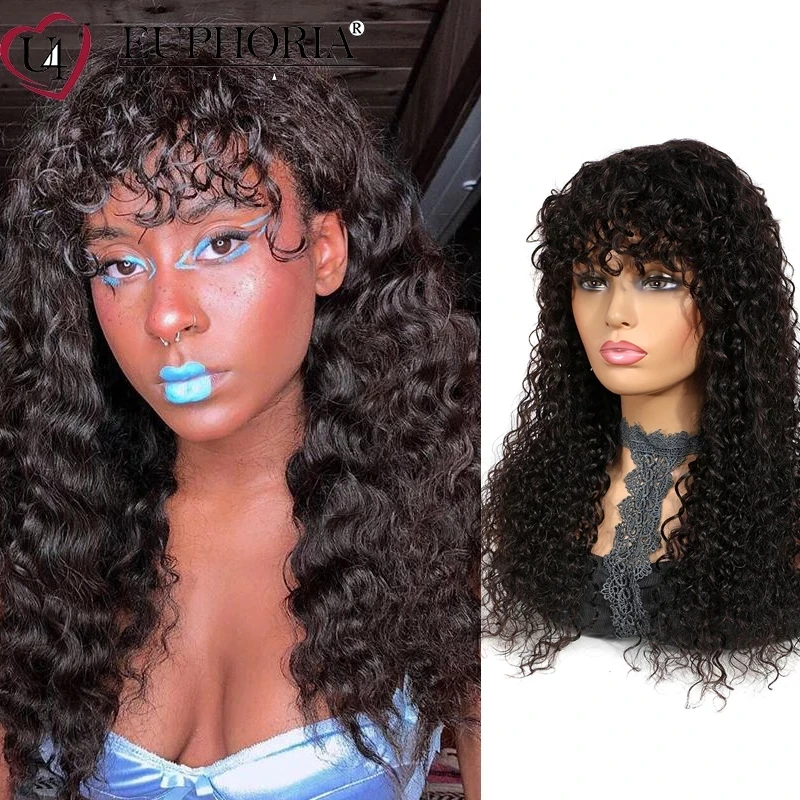 Натуральные кудрявые волосы парики с челкой бразильские человеческие Remy