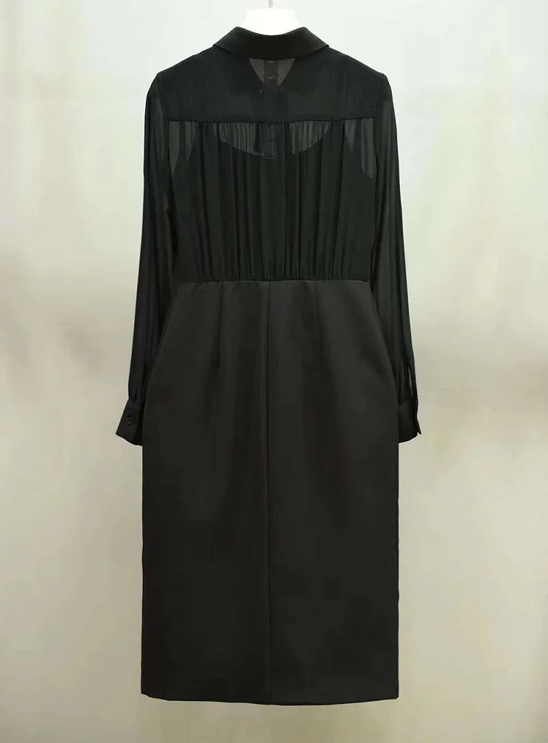 

Vestidos XXL Dress 2021 Autumn Business Women Turn-down Collar Sexy See Through Patchwork Long Sleeve Wine Red Black Dress OL