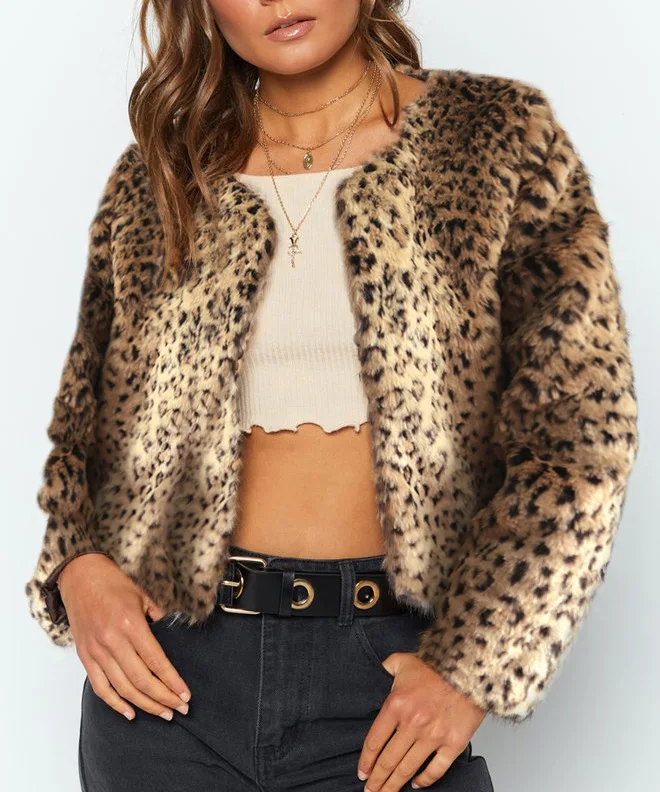 

2020 Women's Faux Fur Jacket New Autumn Winter Round Neck Leopard Top Long Sleeve Slim Large Size