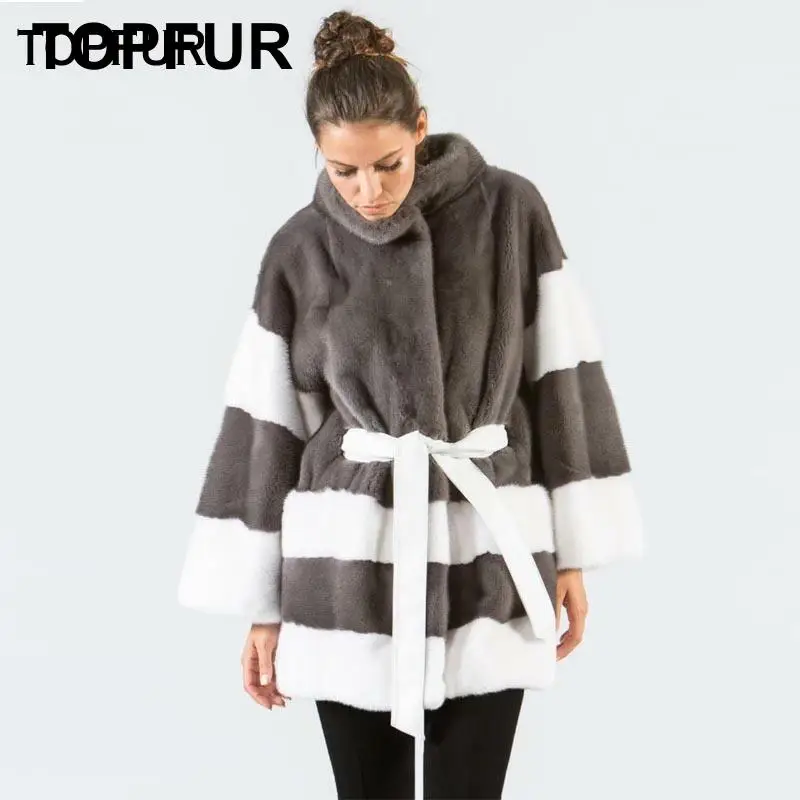 Женская Шуба с поясом TOPFUR длинная шуба из натурального меха норки белого серого