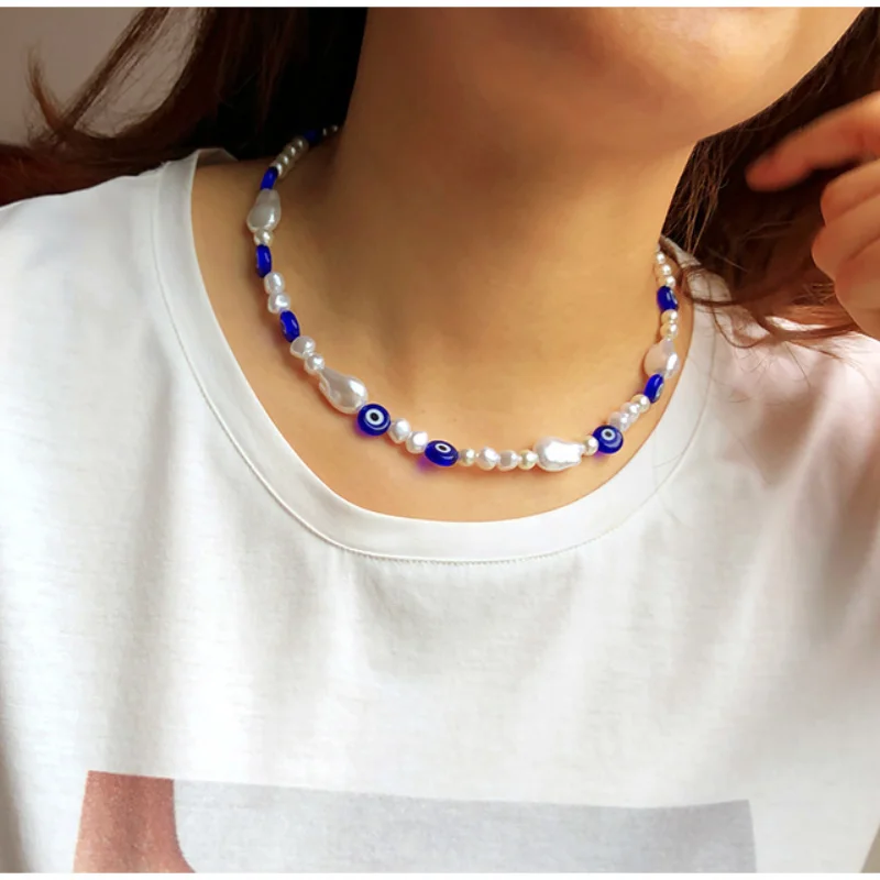 

Bohemian natural shell simulation pearl female necklace fashion ethnic geometric evil eye necklace collar adjustable jewelry