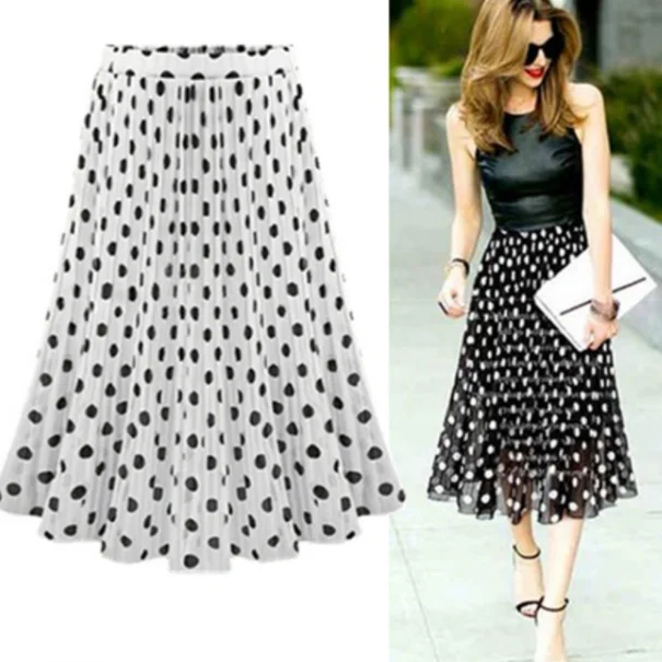 Женская шифоновая юбка в горошек белая черная с завышенной талией длинная