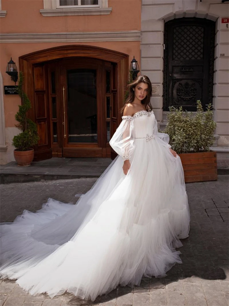 

Бальные платья с открытыми плечами белые свадебные платья с аппликацией и длинным рукавом богемные Свадебные платья принцессы с открытой с...