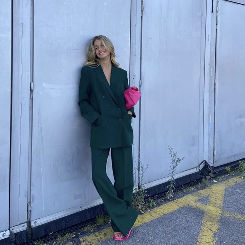 Женский элегантный темно-зеленый прямой Блейзер костюм осень 2021 однотонный
