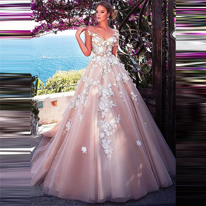 

Sheer Off Shoulder Lace Appliques Wedding Dresses Lace Up Corset Bridal Gowns Princess Luxurious 2020 New Designer Garden