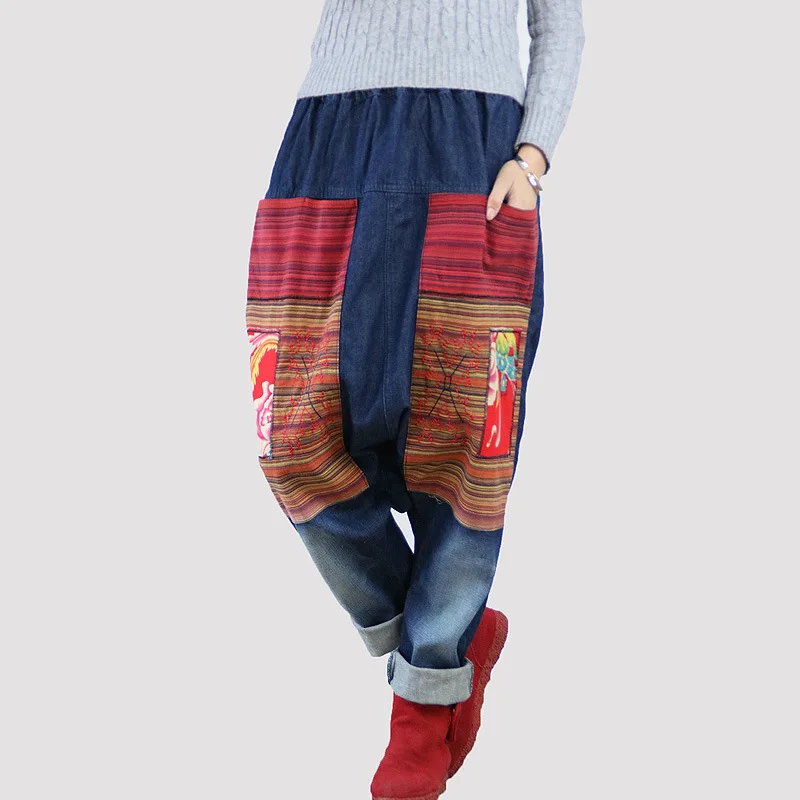 2020 осенние джинсы в этническом стиле с цветочным принтом женские мешковатые