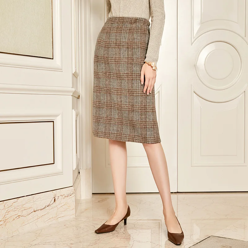 

SHZQ Plaid Wool Skirt Autumn and Winter 2021 New Women's Straight Tube Medium Length Temperament Versatile Thin Skirt Women's We