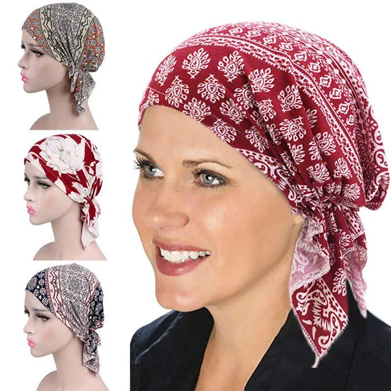 

Женский хлопковый тюрбан с принтом, стрейчевый головной убор с цветочным принтом, мусульманский хиджаб, защита от выпадения волос