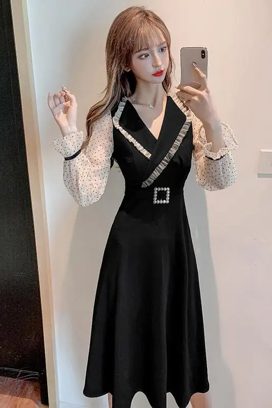 

COIGARSAM Patchwork Women one-piece dress korean New Spring Mesh High Waist V-Neck Dresses Black 702