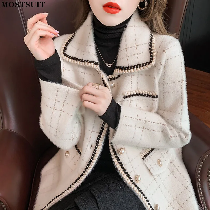 

Spring Autumn Elegant Vintage Loose Plaid Wool Coat Women Long Sleeve Turn Down Collar Single Breasted Blends Outwear Korean
