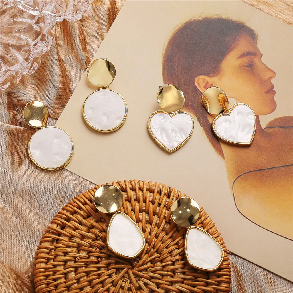 Women Dangle Drop Earrings Simple Metallic Gold Outer Ring Irregular Shape Love Acrylic Ladies Superb Pendientes | Украшения и