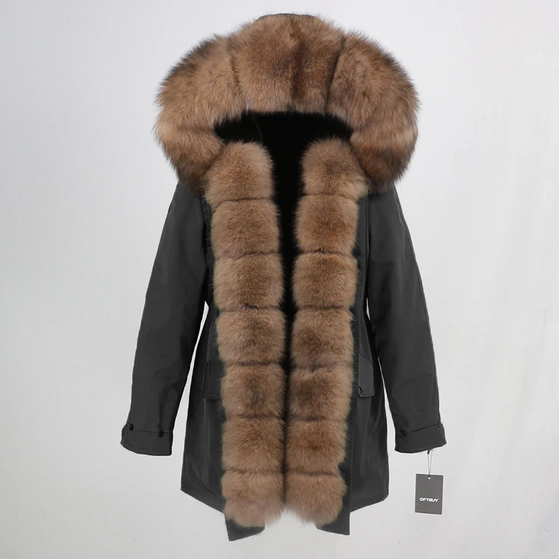 Женское пальто с натуральным мехом OFTBUY, чёрная куртка с воротником из натурального лисьего меха, водонепроницаемая длинная парка, теплая уличная верхняя одежда со съемным мехом для зимы - Цвет: black brown