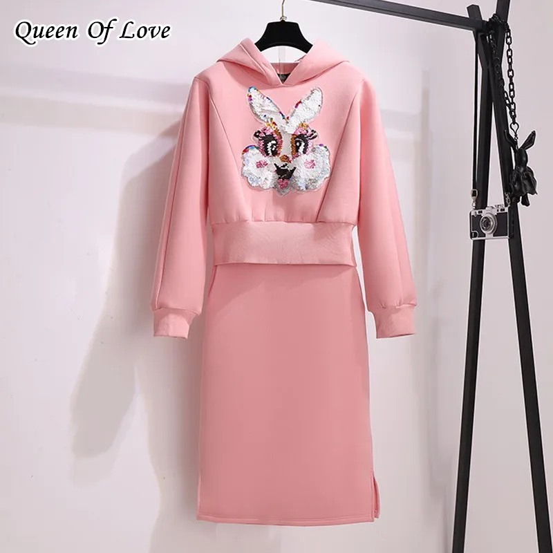 Осенний Женский комплект из двух предметов розовая толстовка с капюшоном и юбка