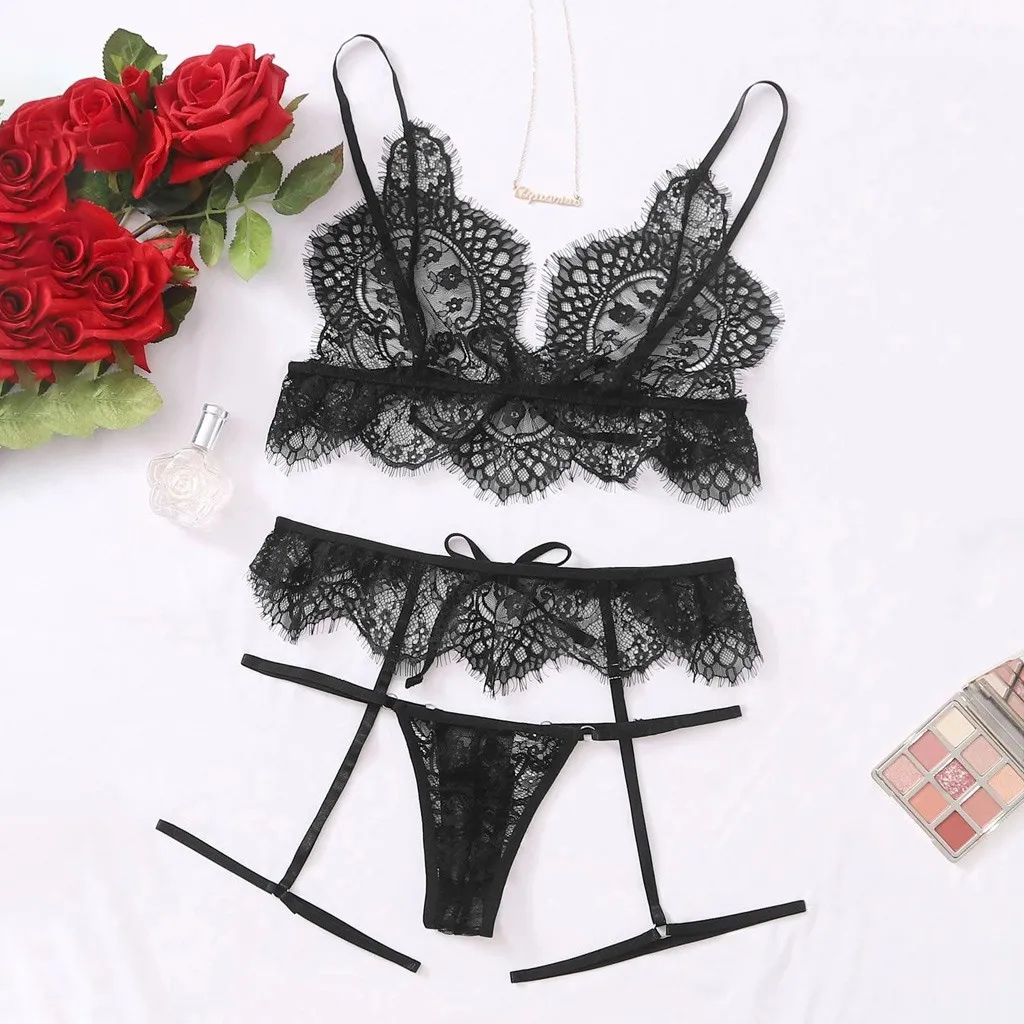 

3pc Sexy Lingerie Lace Women's Underwear Bra Erotic Lingerie G-string Garter Underwear Set See Through Sexy Costume Sleepwear