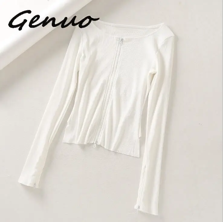 

Genuo New 2019 Long Sleeve Split Zip-up Sexy White Coat Autumn Winter Women Fashion Streetwear Female Tops