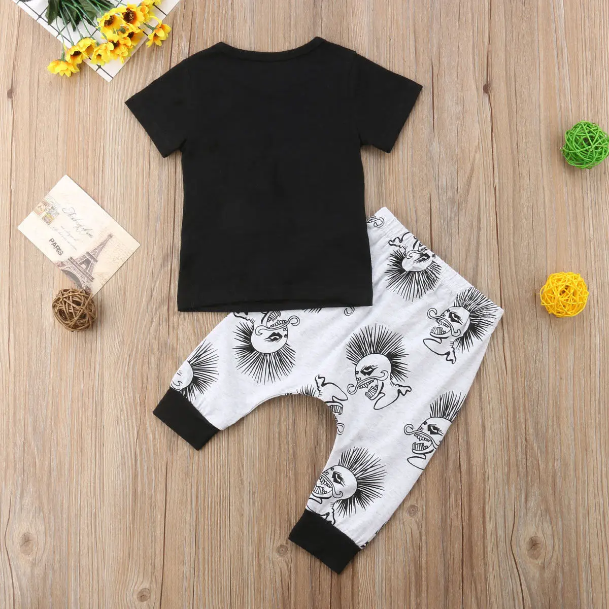 2PCS Newborn Toddler Baby Boy Clothes Black Skull print T-Shirt Top + Long Pant Outfit Kids Summer Cotton Clothing Set 0-3Y