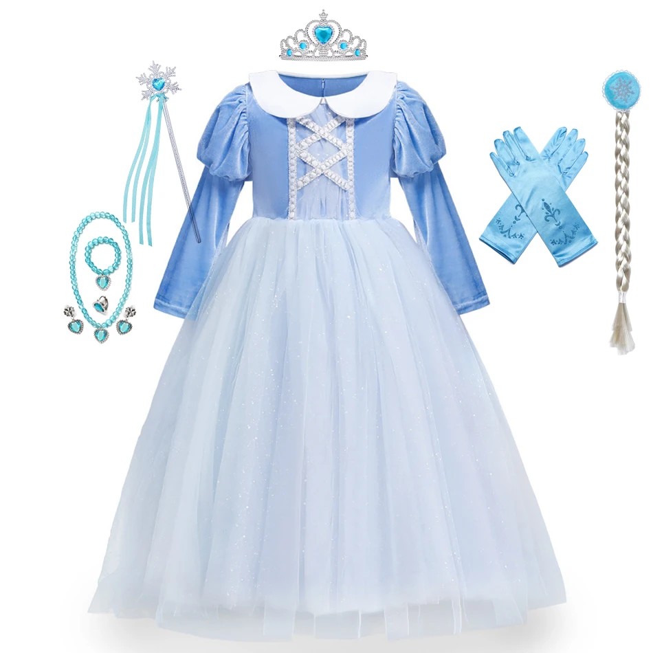 

Frozen Party Dresses for Kids Cosplay Elsa Cosplay Princess Costume Winter Elegant Velet Collar Jewelry Puff Mesh Ball Gown
