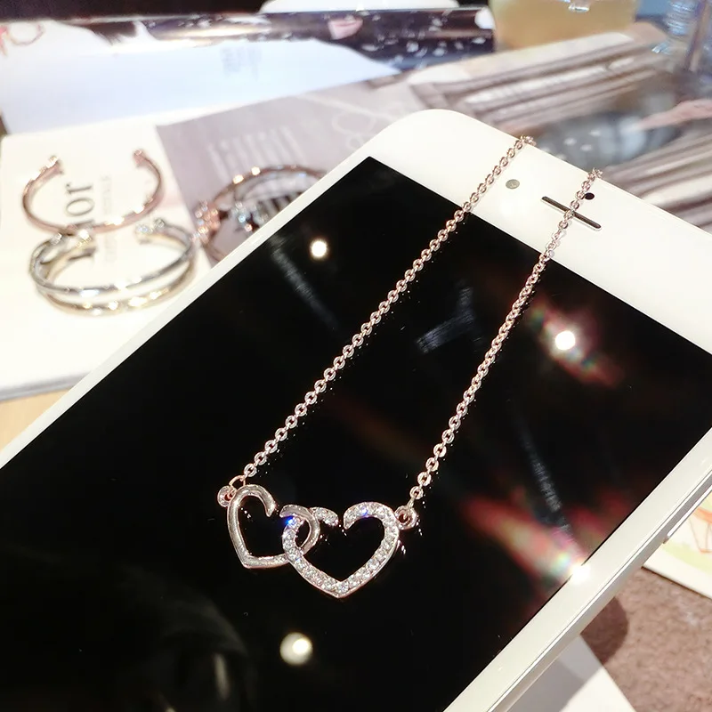 

18K Rose Gold Double Heart Lab Diamond Pendant 925 Sterling Silver Party Wedding Pendants Chain Necklace For Women Charm Jewelry