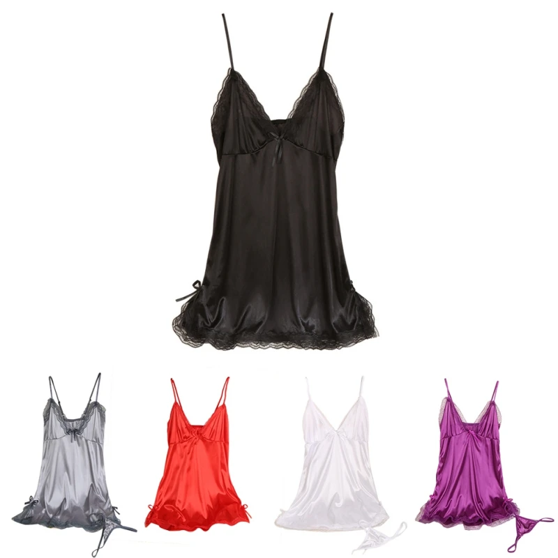 

Sleepwear Lingerie Women Deep V-neck Sleepdress Sexy Silk Nightgowns Sleeveless Lace Robe Nightdress Homewear With Underwer