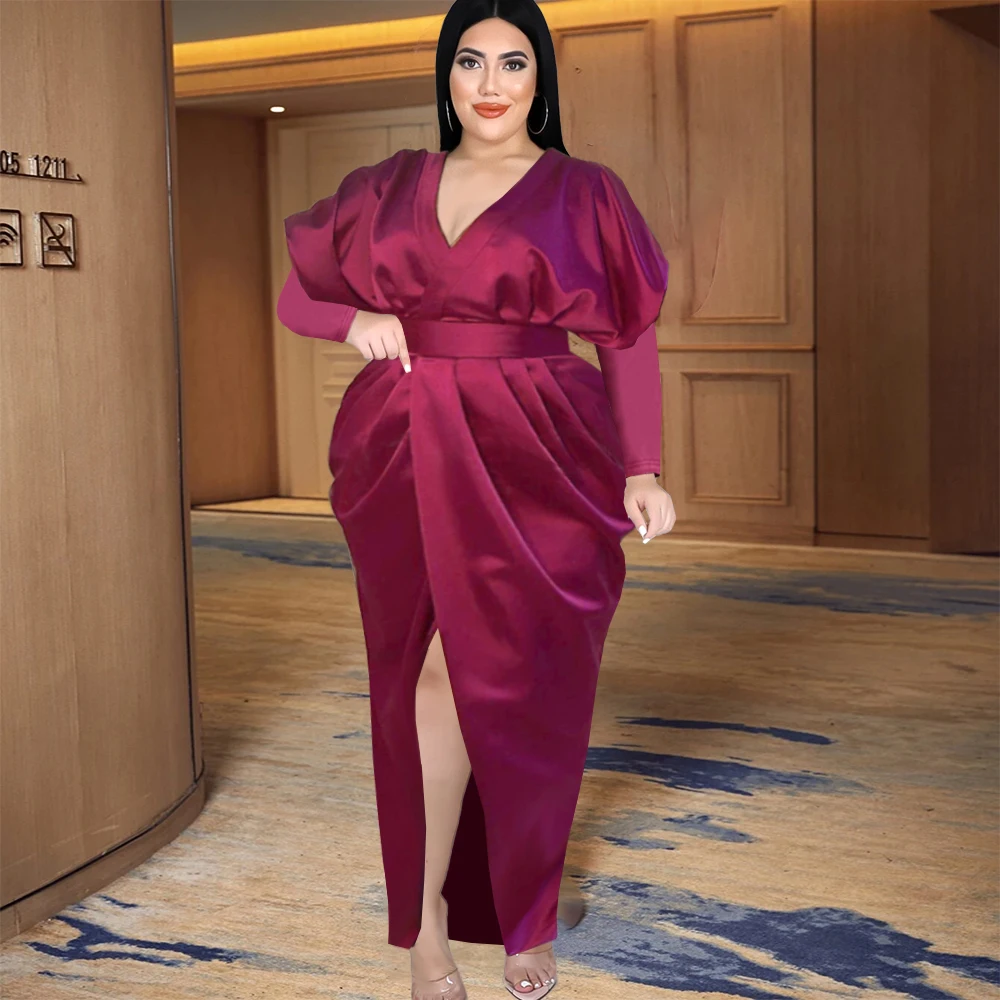 

Plus Size Christmas Dress Sexy V Neck Slit Puff Sleeve Tunics Sheath Ladies Gowns for Wedding Event Burgundy Maxi Dresses