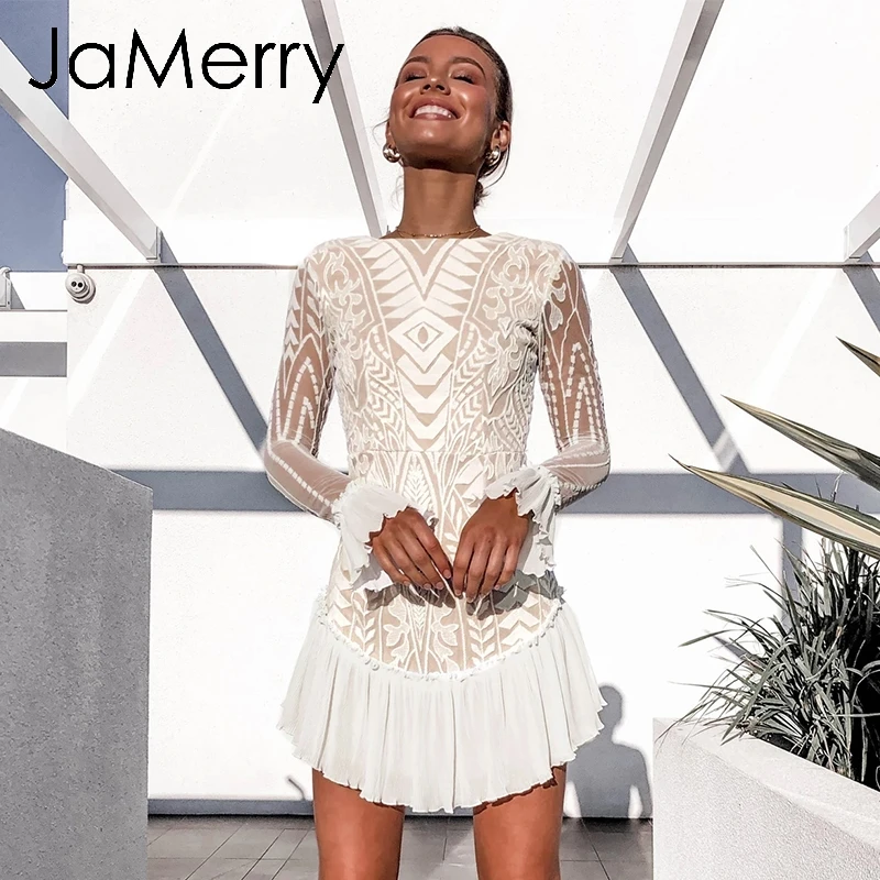 Женское винтажное платье с высокой талией JaMerry белое элегантное ажурное