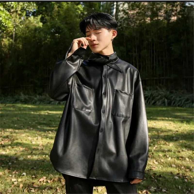 New tie style long sleeve jacket young Korean version of loose shirt fur men and women S-6XL! PU Big yards men's clothing