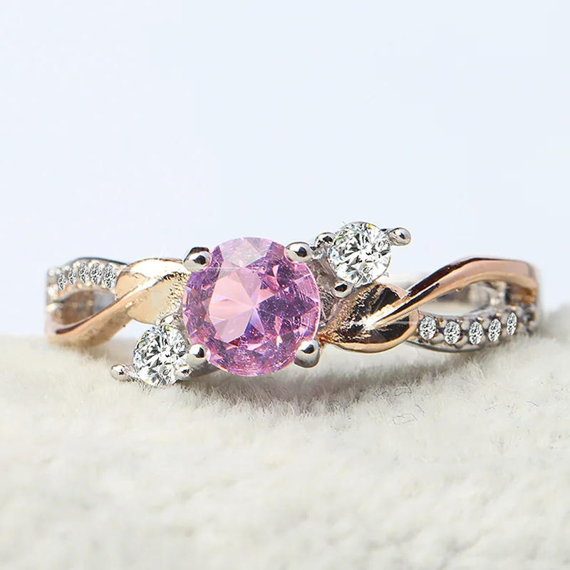 2020 new 14K rose gold fashion sweet simple cute leaf pink crystal high quality ladies diamond ring princess wedding engagement | Украшения