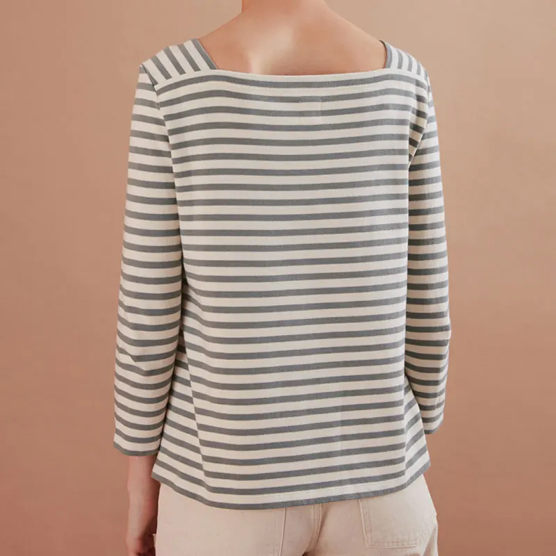 Женская футболка 2020 Весенняя новая серо-синяя полосатая с квадратным вырезом и