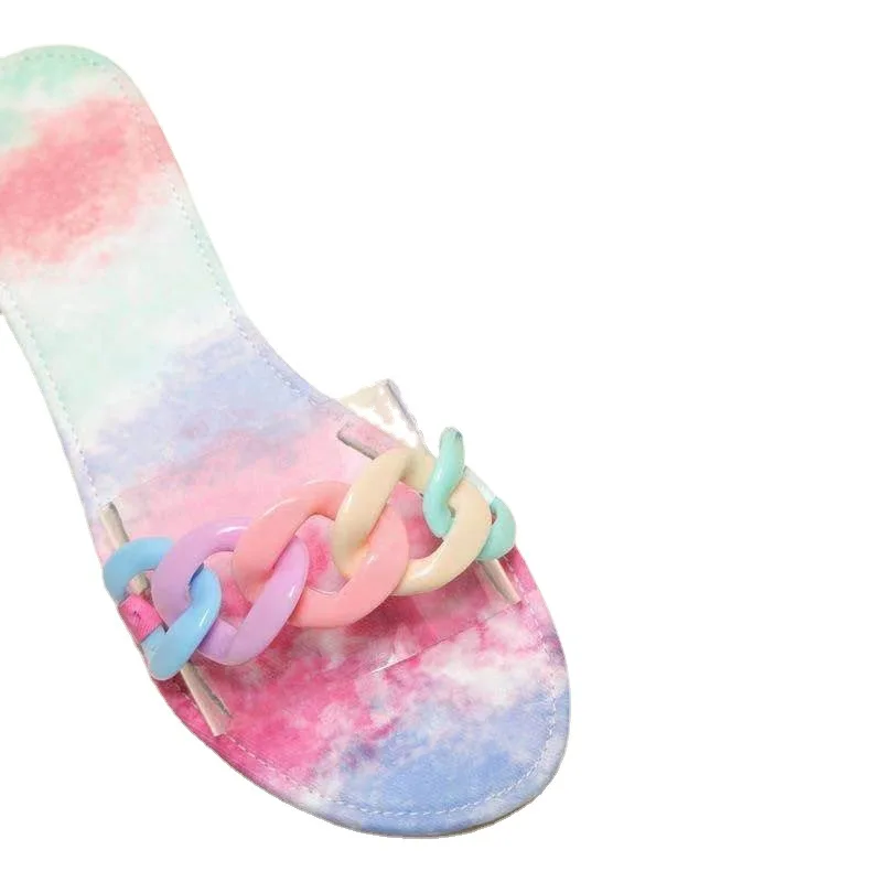 

2021 Summer Women Slippers Adult Slides PU Fashion Weave Chain Soft Sole Flats Brand Outside Flat Low Heel Leisure Lady Shoes