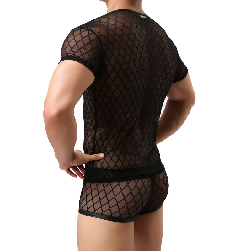 Сексуальное мужское нижнее белье прозрачная сетчатая рубашка с коротким рукавом