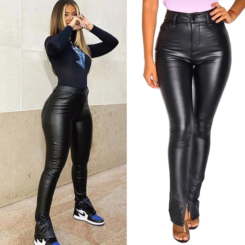 

Ladies Casual High Waist Slimming PU Leather Pants Pencil Type Tight Sexy Female Split Trousers Pants Women