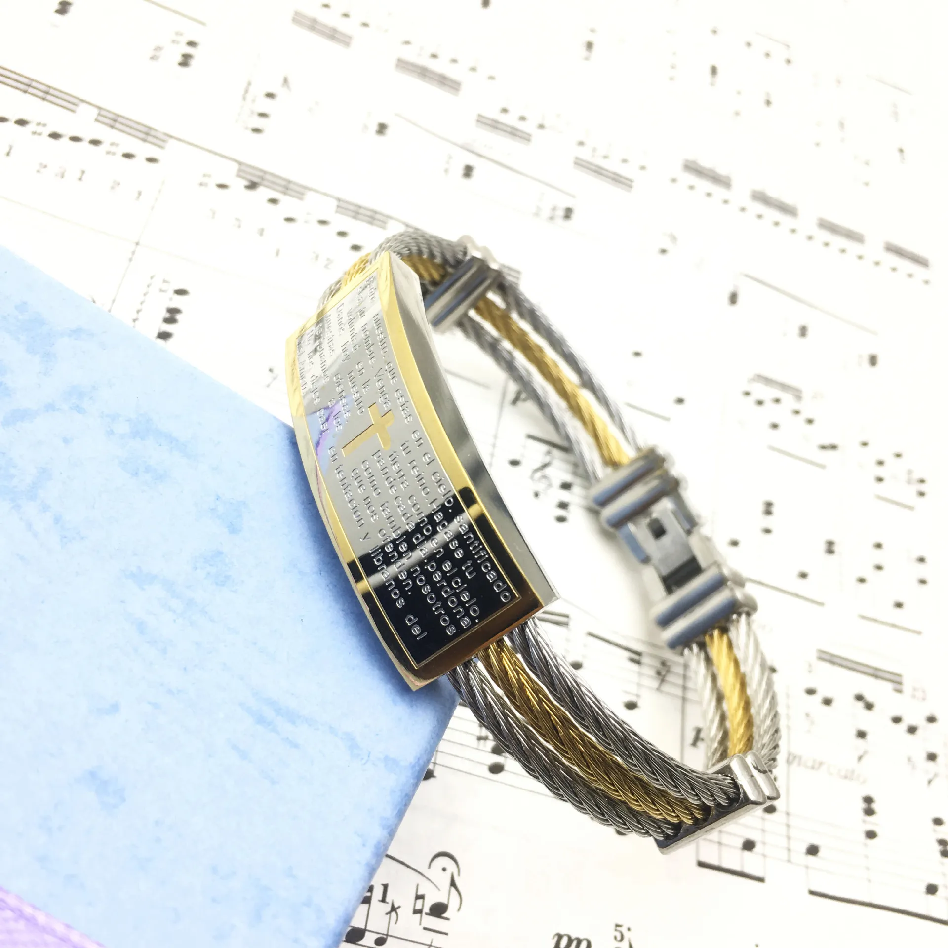 

Boho Jewelry Vintage Gold Color Stainless Steel Wire Bracelet For Women Fashion Jewelry Wholesale Spanish Bible Cross Bangle