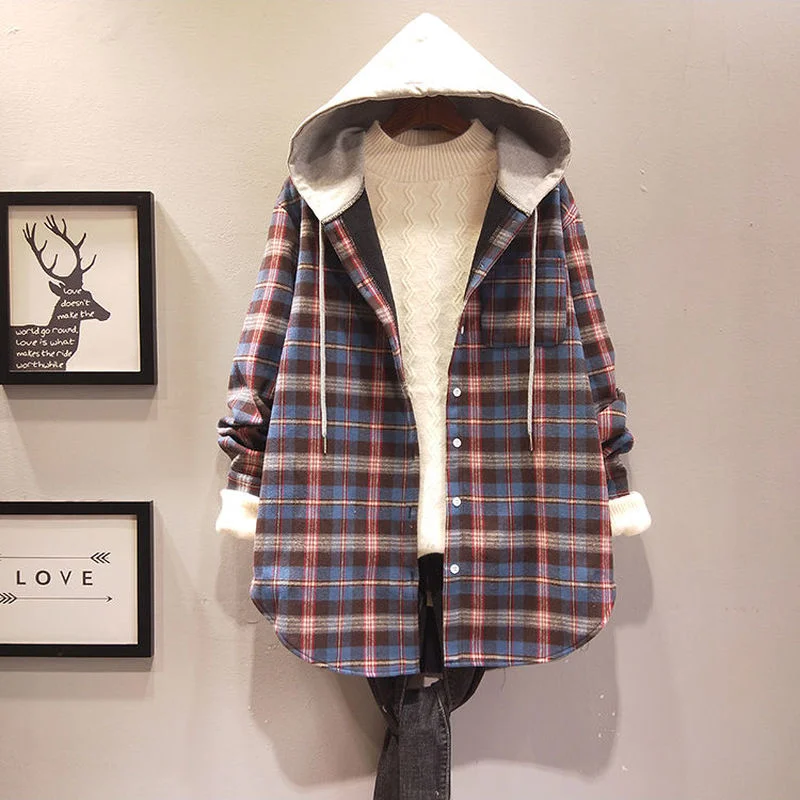 

Женская Вельветовая рубашка в клетку, красная теплая весенняя и осенняя верхняя одежда с капюшоном и длинным рукавом желтого и синего цвета...