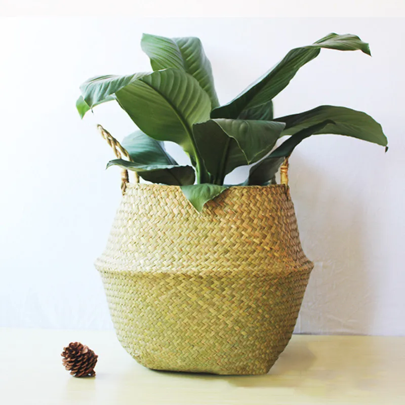 Storage Bag Basket Seaweed Woven Folding Household Natural Hanging Flower plant Pot Planter Accessories garden decoration | Дом и сад