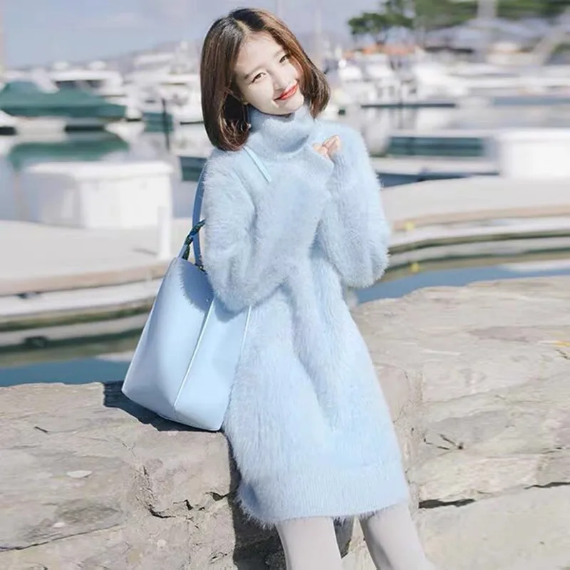 

Платье-свитер с высоким воротником, теплые женские вязаные платья из искусственного меха норки средней длины, зимние вечерние праздничные ...