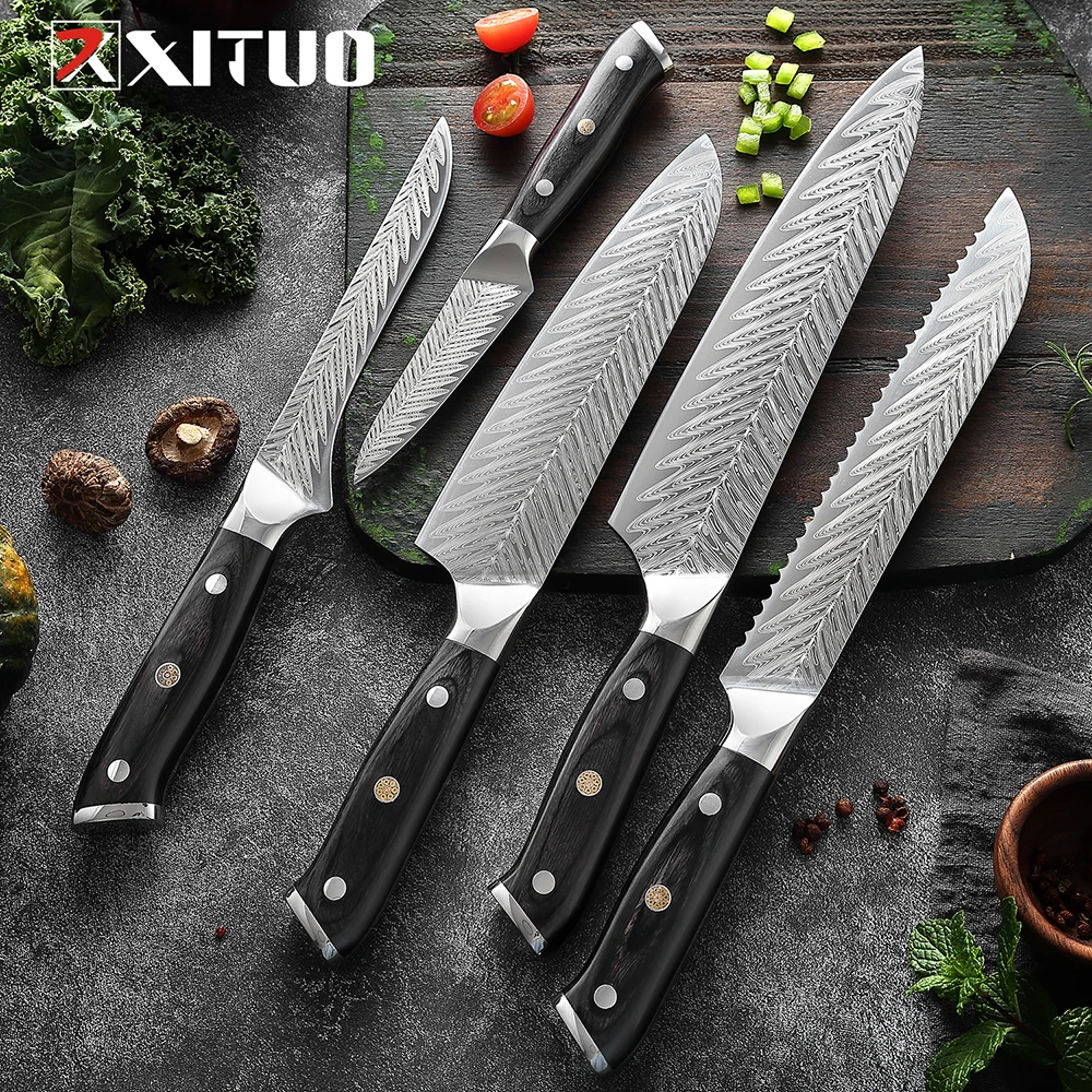 

XITUO 7CR17 Stainless Steel Kitchen Knives Set Chef Slicing Cleaver Santoku Knife Laser Damascus Pattern Utility Cooking Tools