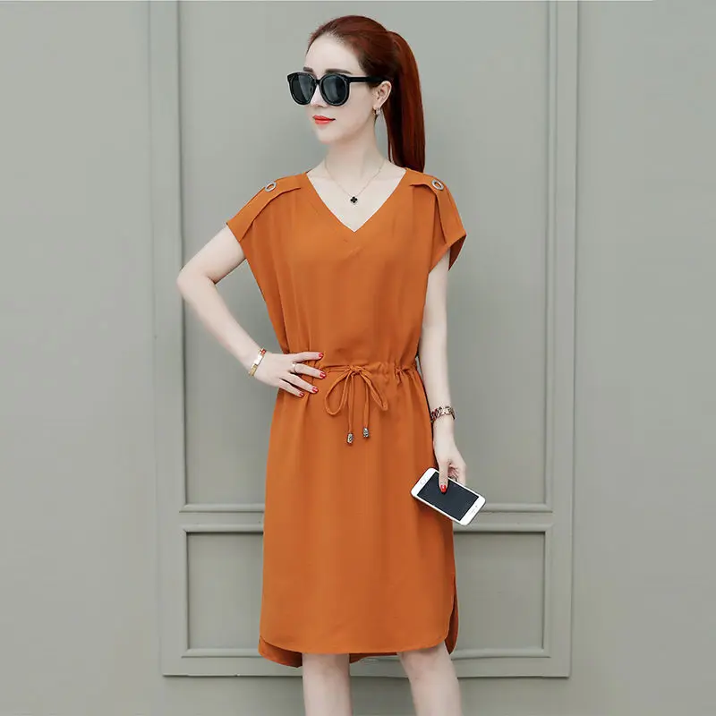 

V-neck new chiffon dress women's summer Korean temperament waist loose loose thin short-sleeved mid-length skirt