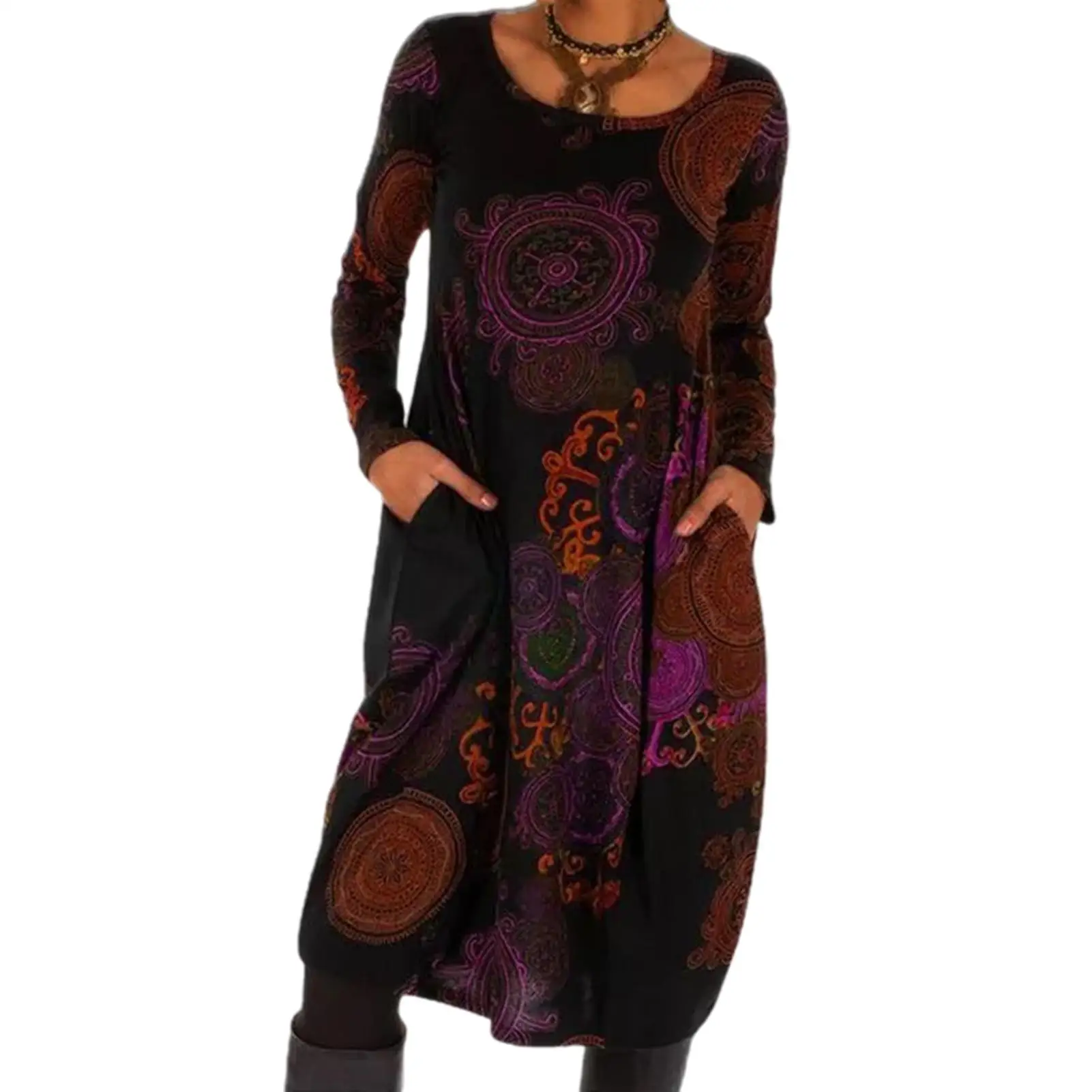 

Women Vintage Patchwork Print Party Dress 2020 Winter Elegant O-Neck Long Sleeve Dresses Female Casual Pockets Dress Vestido 3XL