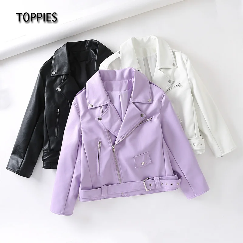 

Toppies White Faux Leather Jacket Buckle Belt Waist Moto Biker Zipper Jacket High Street Female Outwear