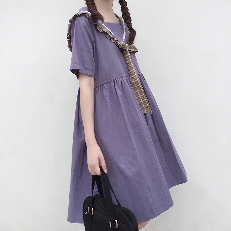 

Japanese Lolita Style Summer Women Cute Dress Sailor Collar Black School Uniform Dress Sweet Bowknot Dress