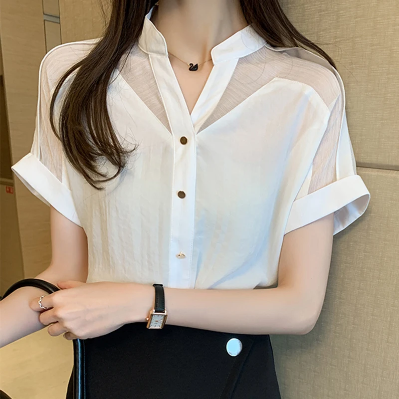 Белая шифоновая рубашка с V образным вырезом женская одежда сетчатые Топы в стиле