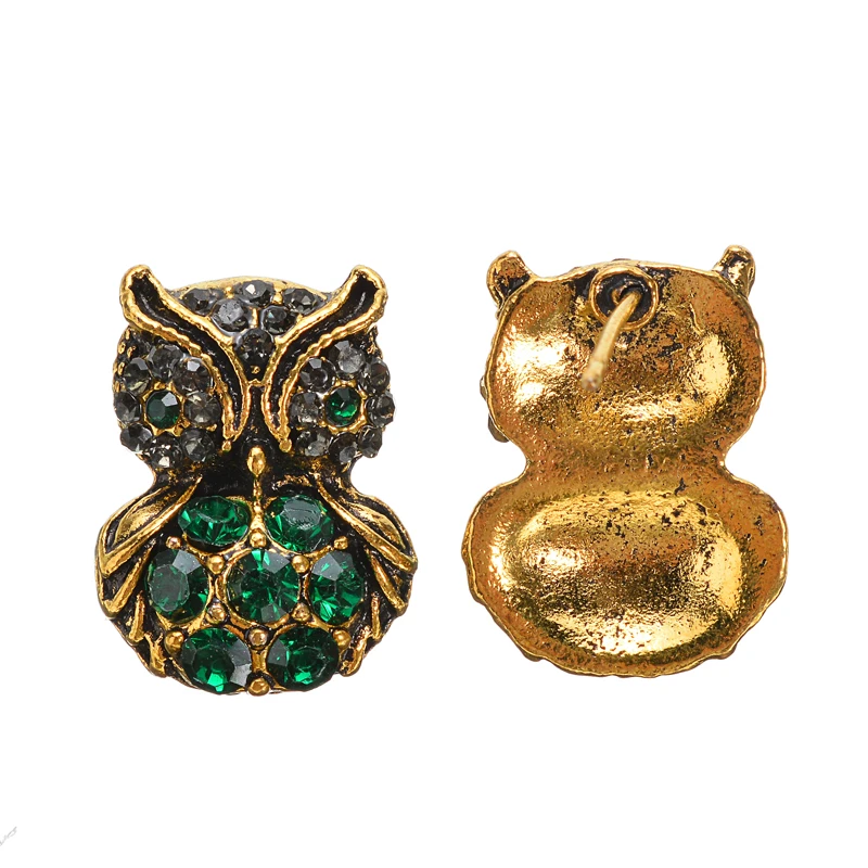 Винтажные серьги гвоздики с зелеными кристаллами в виде совы для женщин Золотые