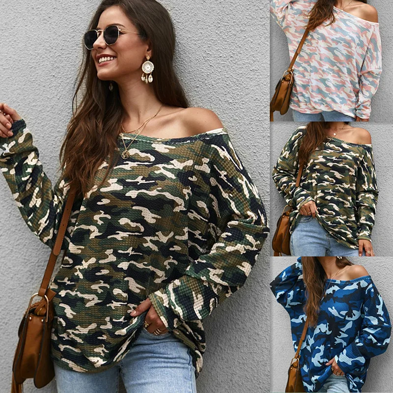 

Women's Fall Winter Long-sleeves Blue Pink Camouflage Sweater Top Warm Knitted Female Pullover Round Neck Jumper Sueter Mujer