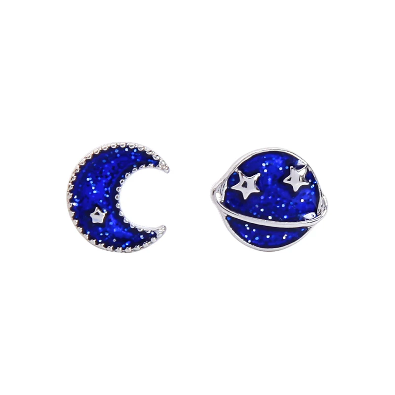 Асимметричные уникальные серьги гвоздики с эмалью Moon Planet Star для женщин белого и