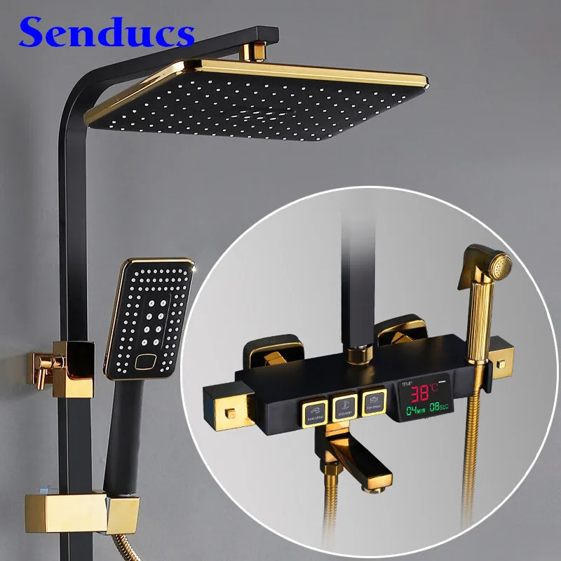 

Senducs Matte Black Thermostatic Shower Set Rainfall Shower Head Temperature Display Digital Shower System Brass Bathroom Faucet